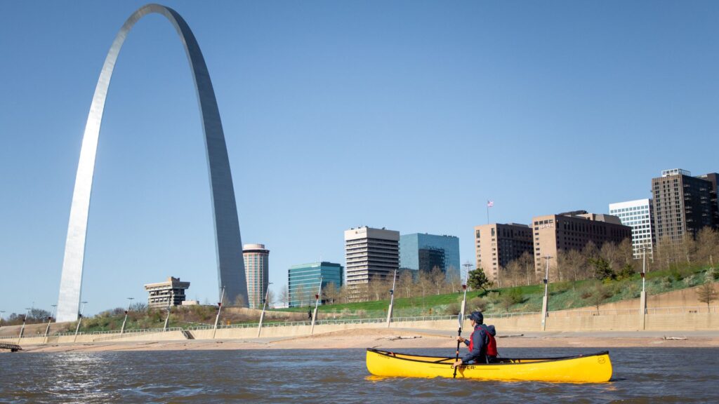 Ken Whiting canoeing in St. Louis Missouri while filming for an episode of Facing Waves